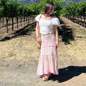 LoveShackFancy Floral Pink and Cream Tiered Maxi Skirt